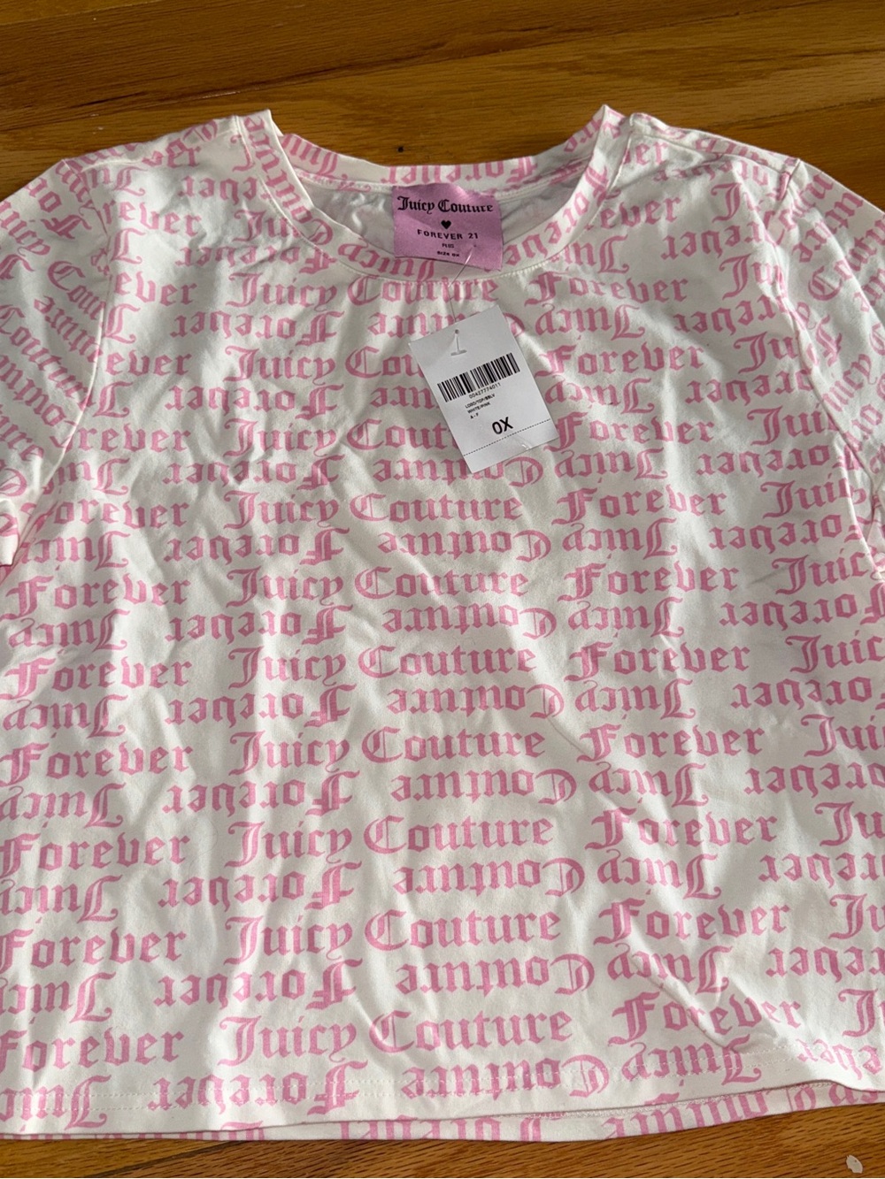 Juicy Couture White Tee with Pink All-Over Logo Print